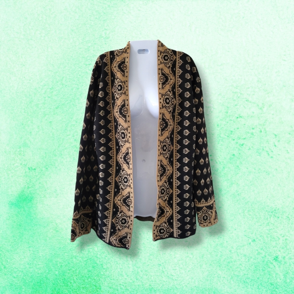 Daytrip | Cute Black/Tan Boho Open Front Long Sleeve Knit Cardigan (SIZE S)